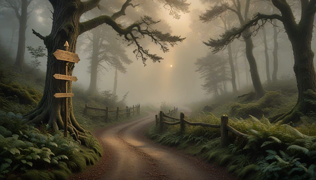 Foggy Forest Path Signpost: Mysterious Journey Ahead