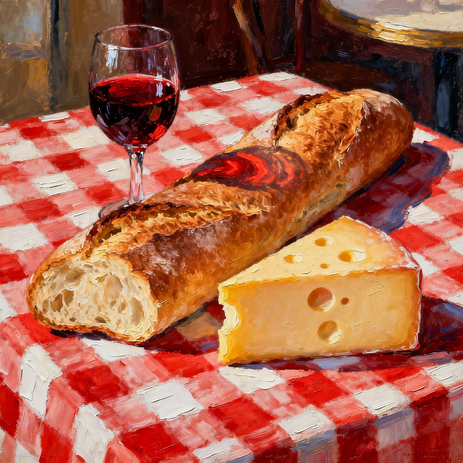 Impressionistic Still Life: Baguette, Cheese, and Red Wine