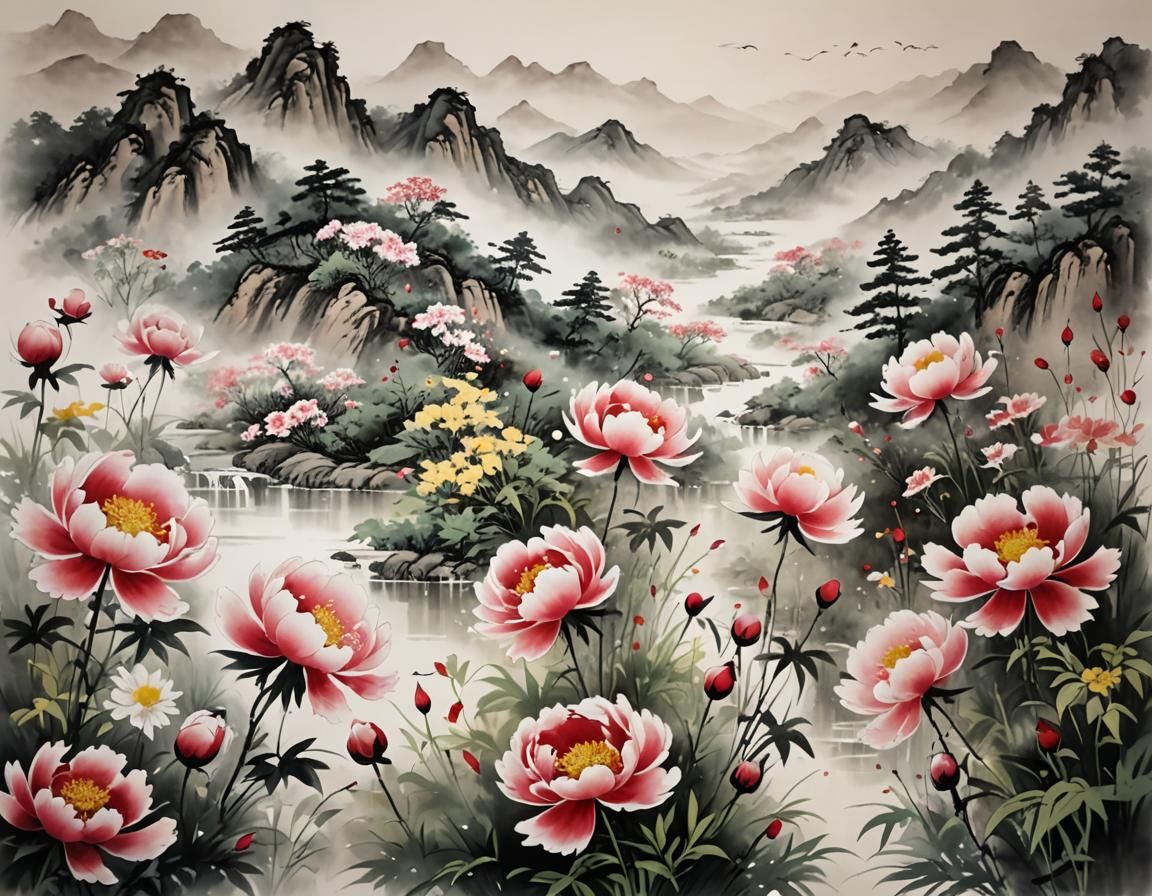 Elegant Chinese Brush Painting of a Flower Garden