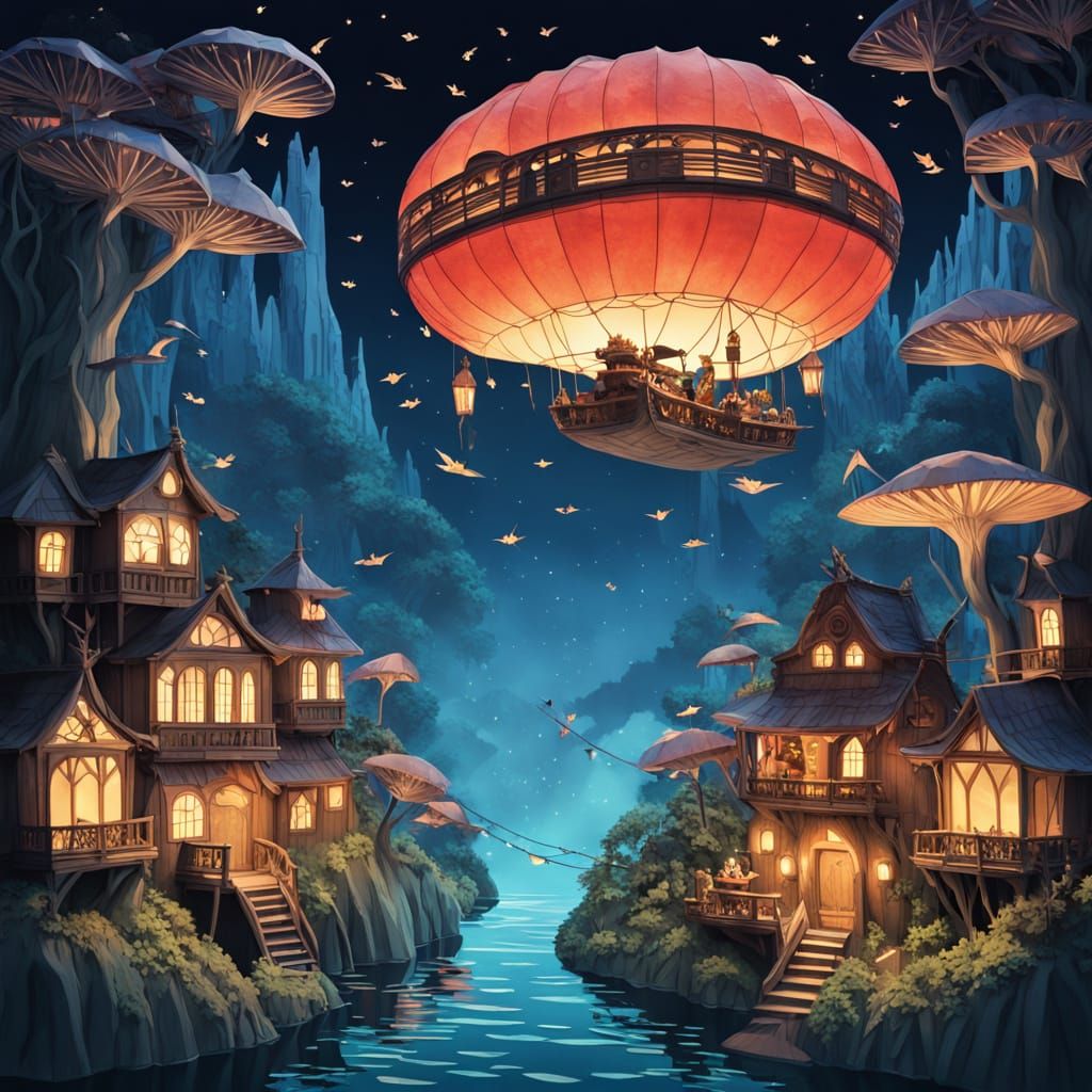 Majestic Paper Airship Over Enchanted Gnome Village