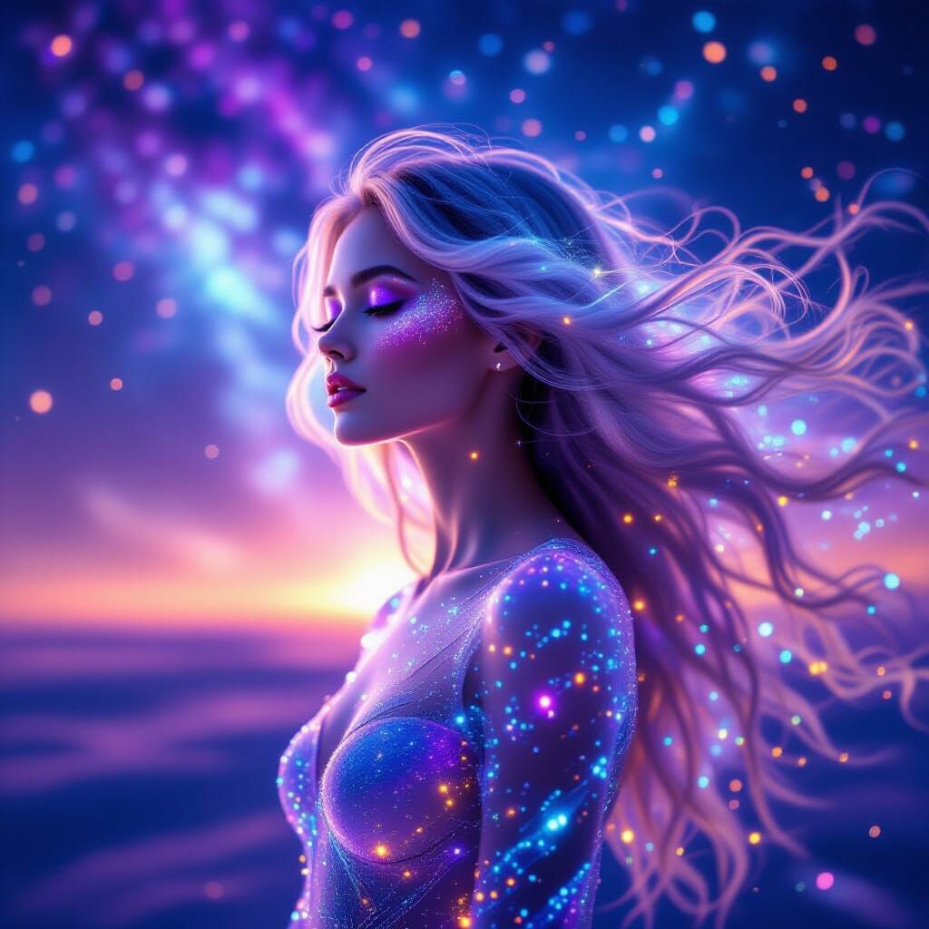 Ethereal Woman of Light in Cosmic Nebula