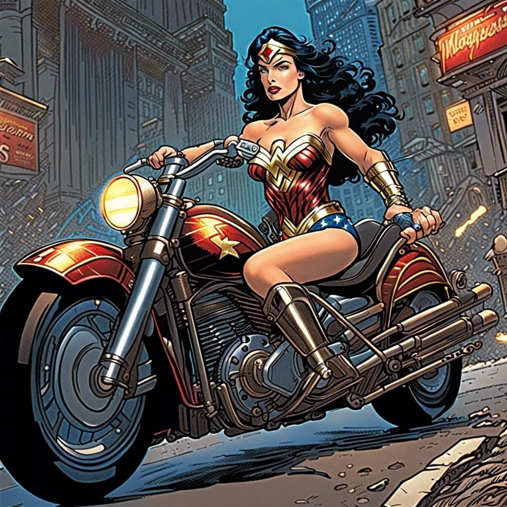 Wonder Woman riding a motorcycle v.1