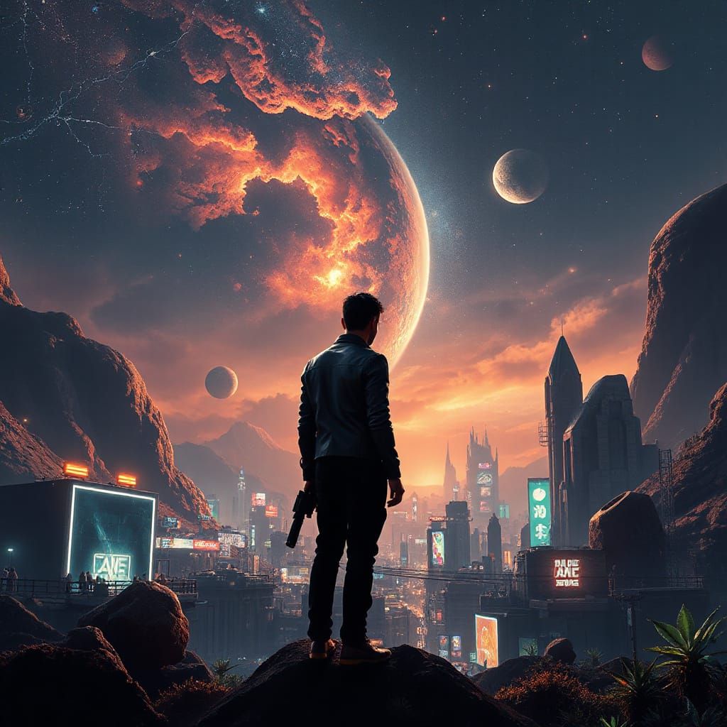 Galactic Smuggler Silhouette in Futuristic Cityscape