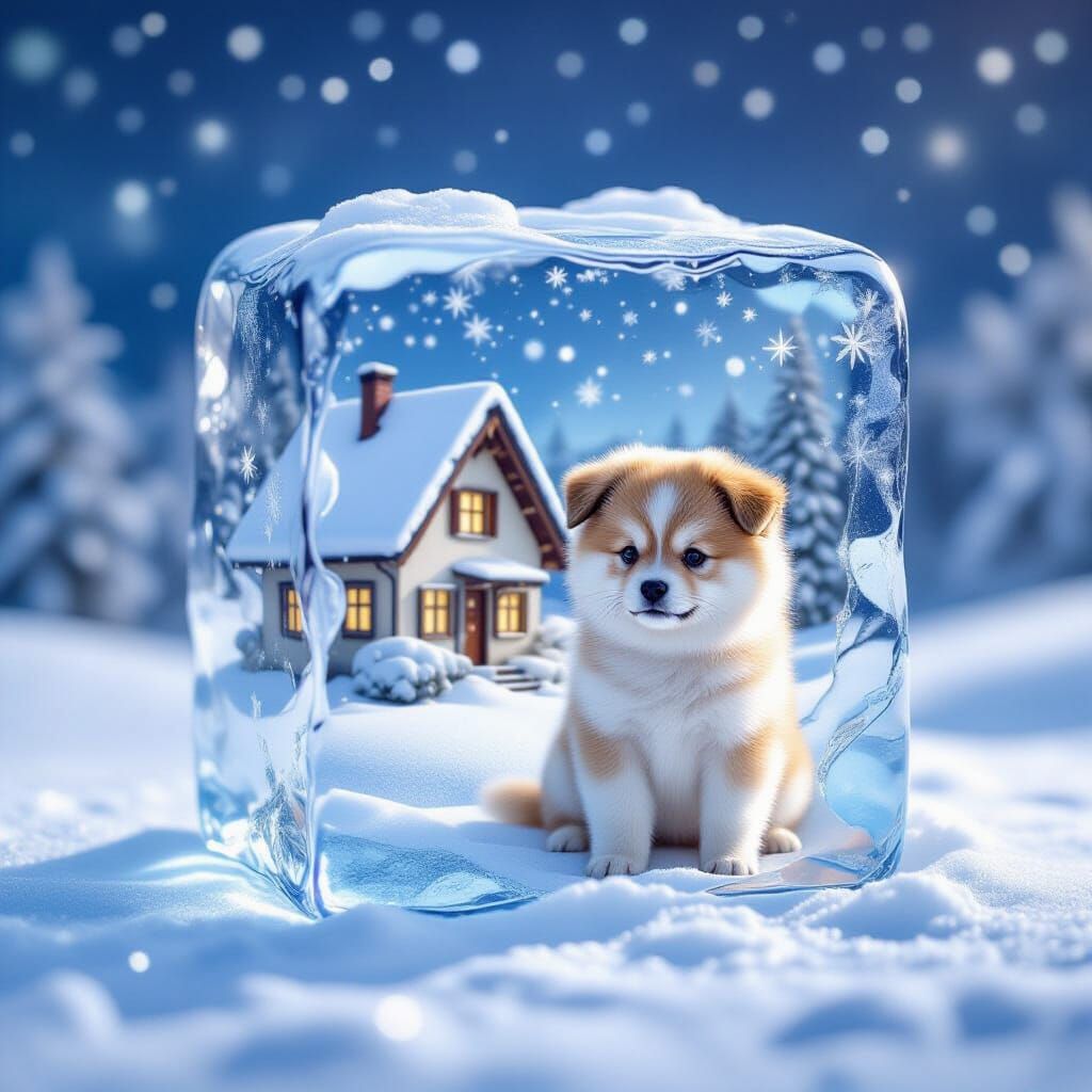 Double Exposure of Ice Cube House and Puppy with Snowy Lands...