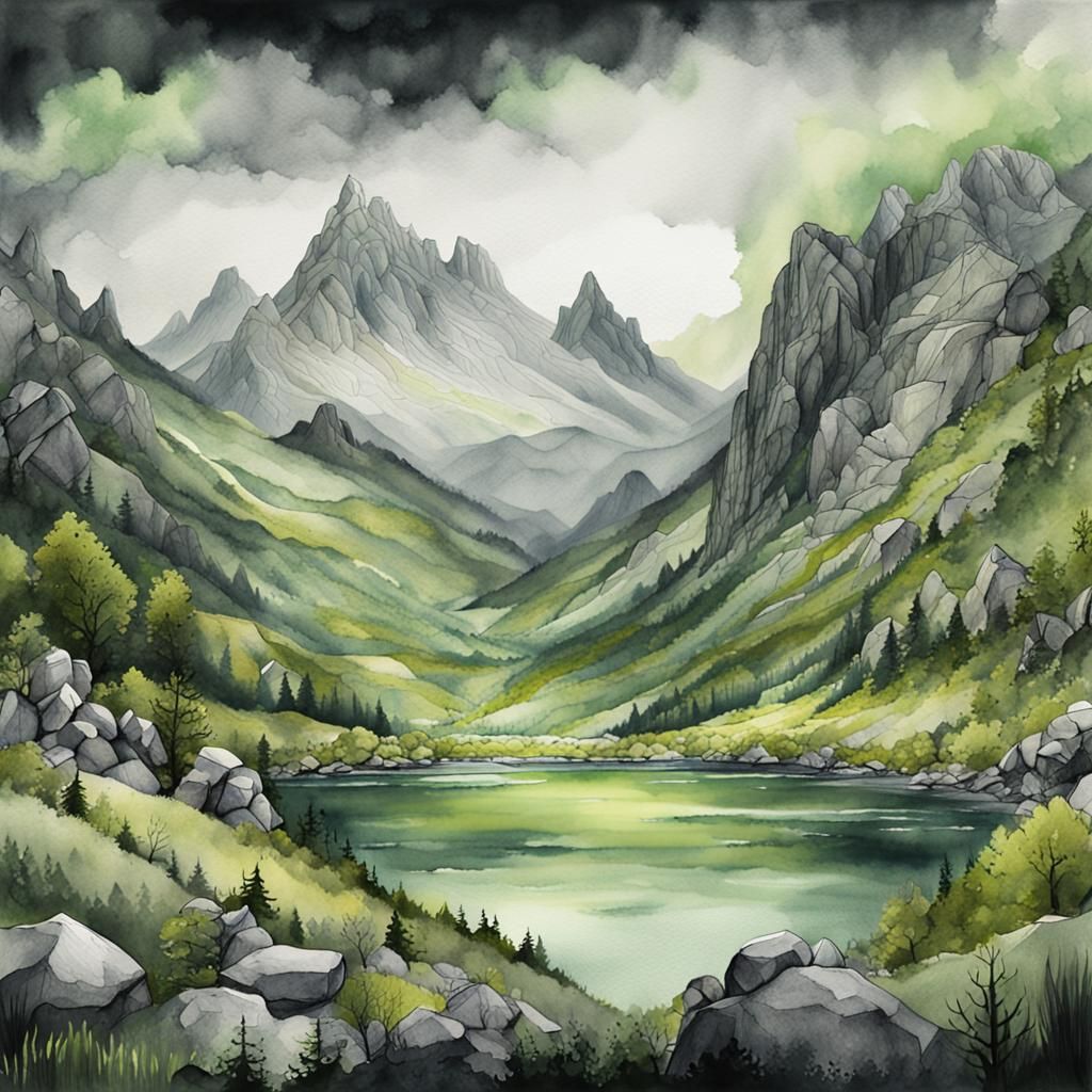 Moody Mountainscape in Whimsical Watercolour Style