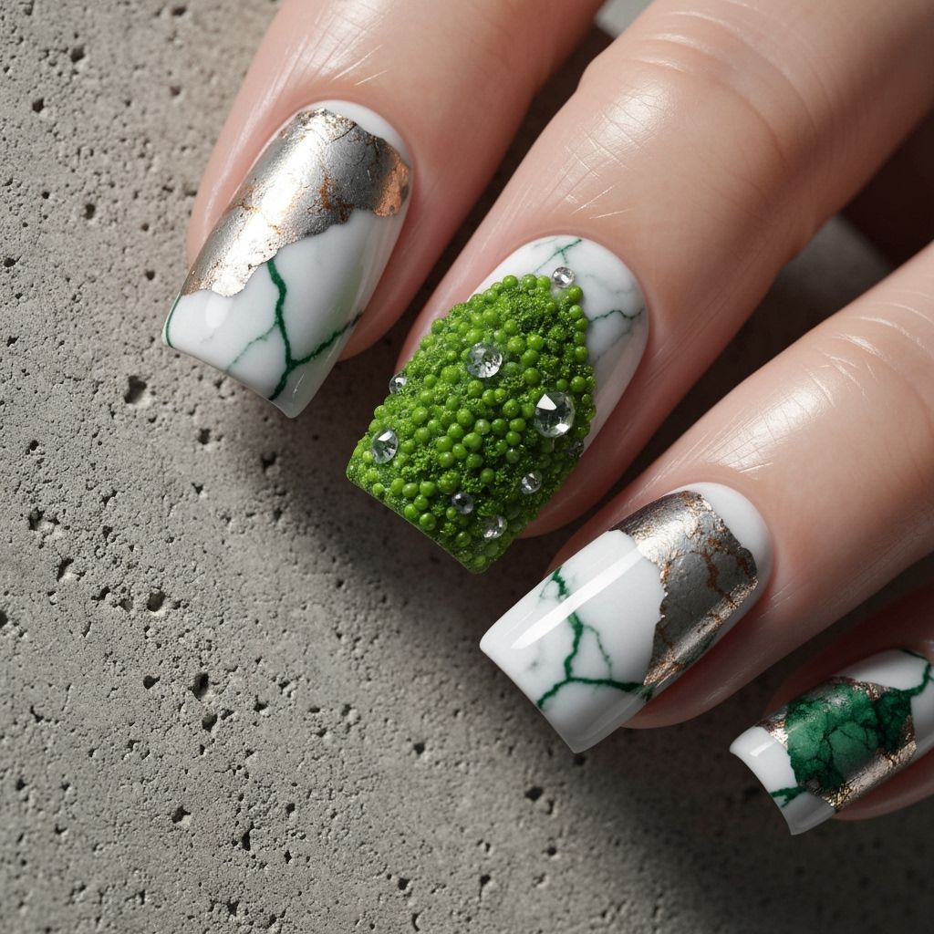 Earthy Luxury Nail Art: Marble, Foil, and Moss