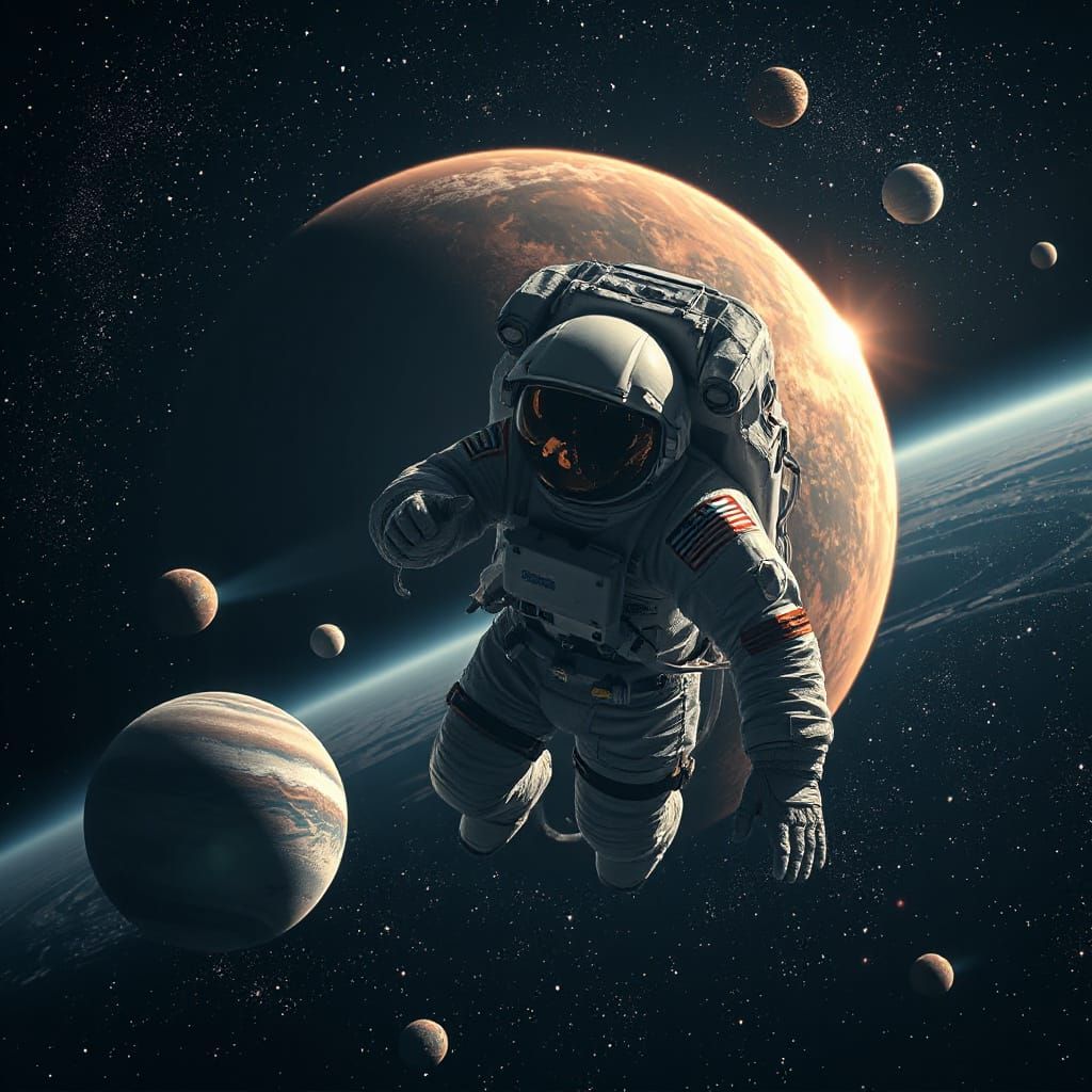 Hyperrealistic Astronaut in Orbit Among Stars