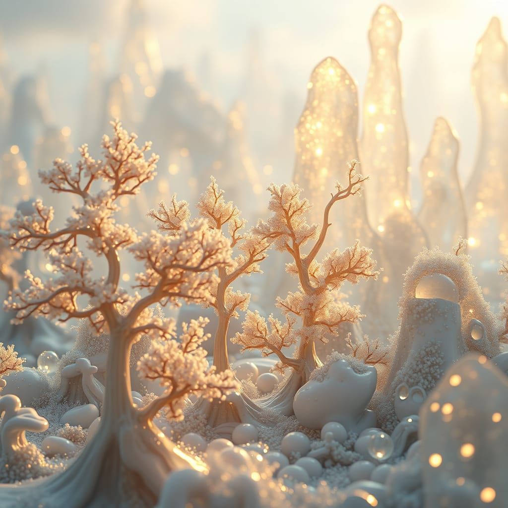 Ethereal Glass and Porcelain Landscape with Golden Hues