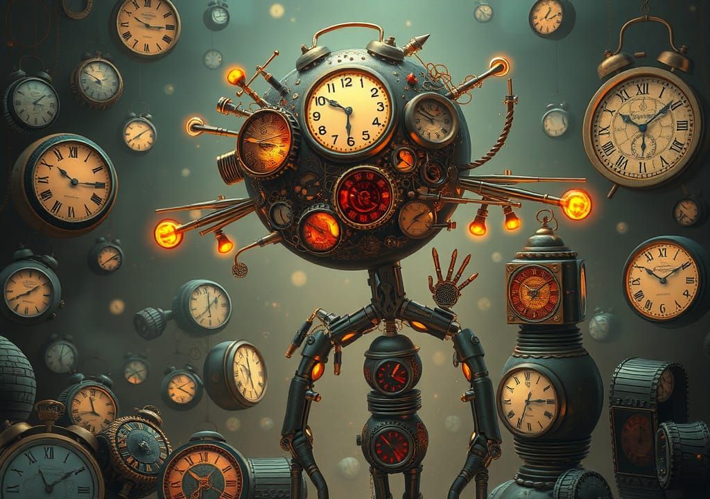 Clockwork Humanoid in Surreal Steampunk Landscape