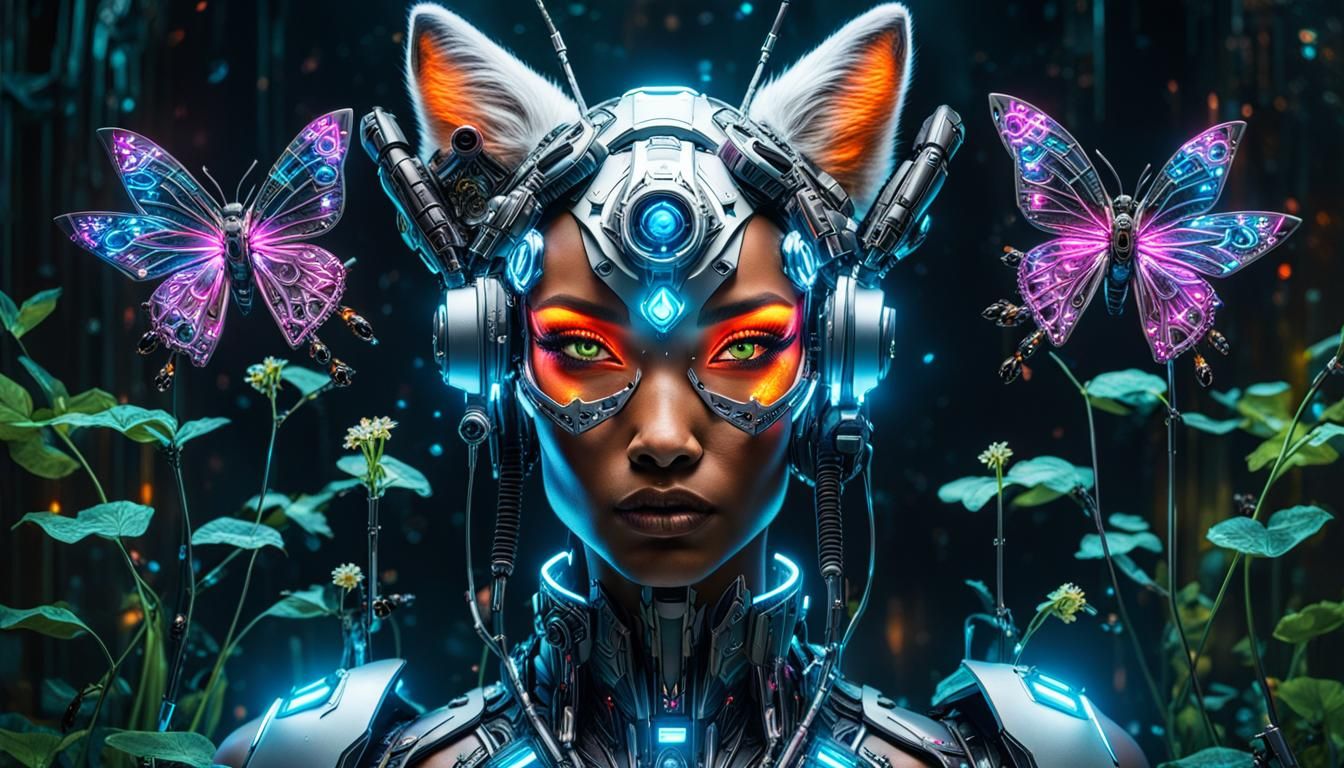 Biopunk Cyborg Fox Goddesses in Neon Laboratory