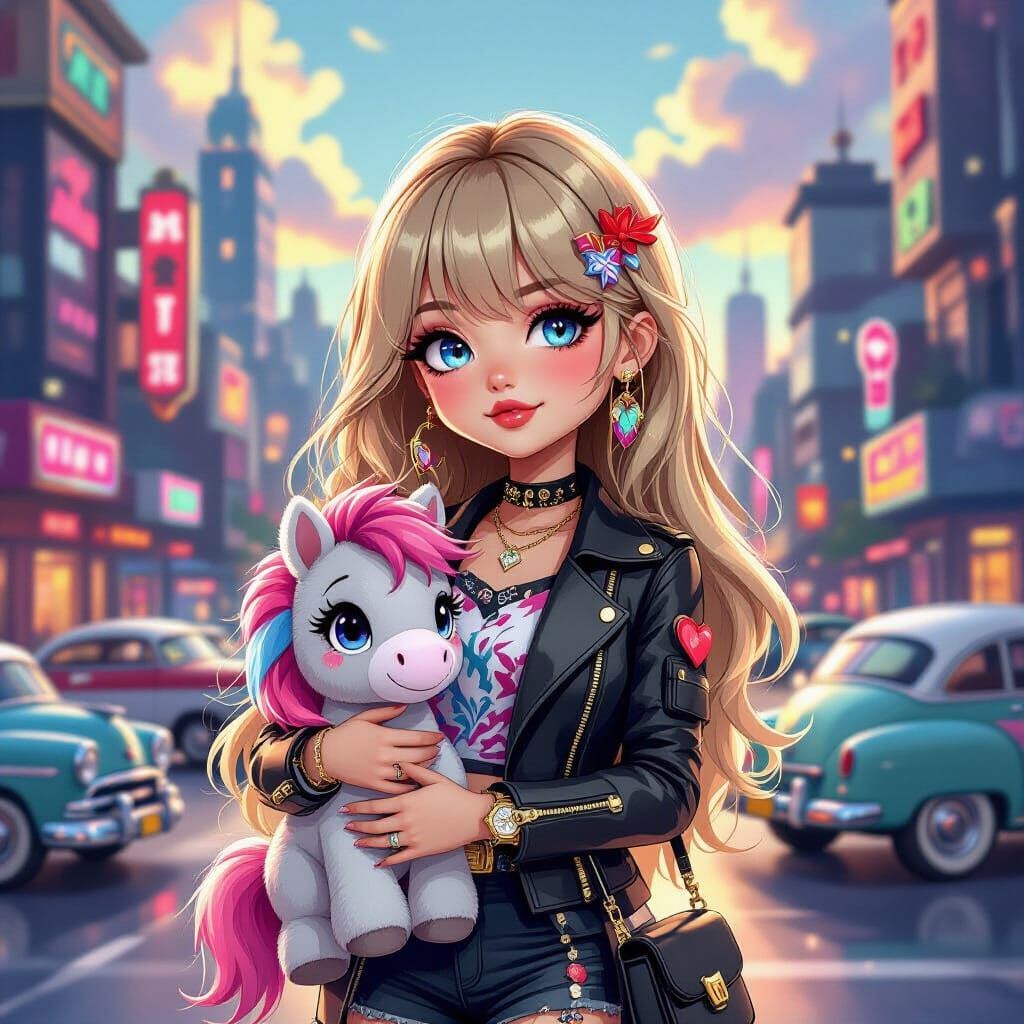Fashionable Girl with Plush Horse in Retro-Futuristic Citysc...