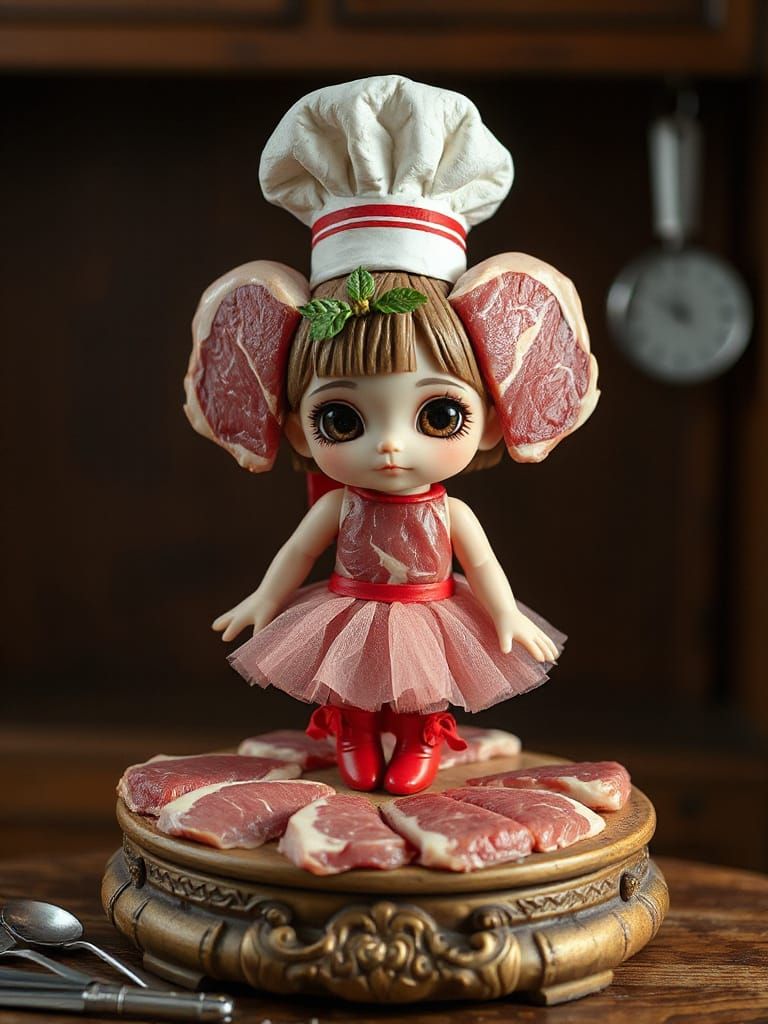Meat Chibi Doll Sculpture in Surreal Pop Art Style