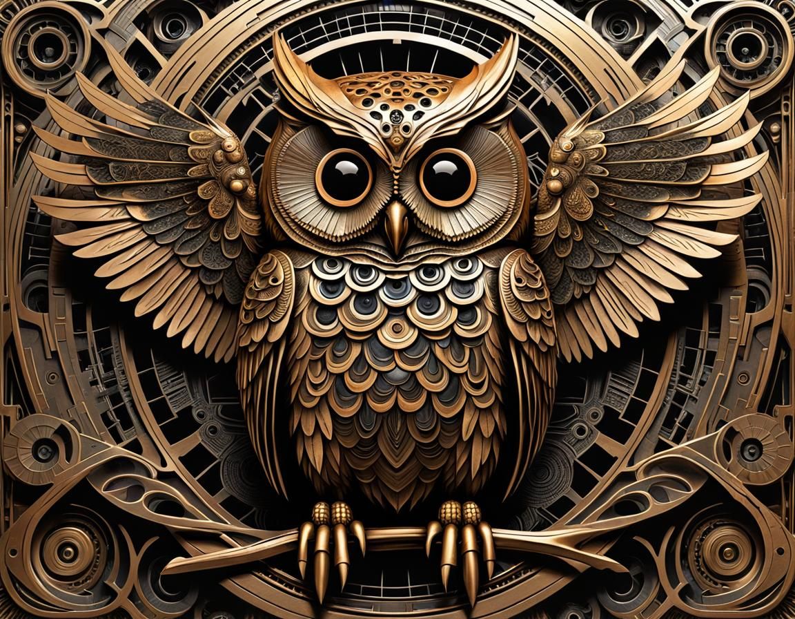 Bronze Fractal Retrofuturist Owl in Bronzepunk Style