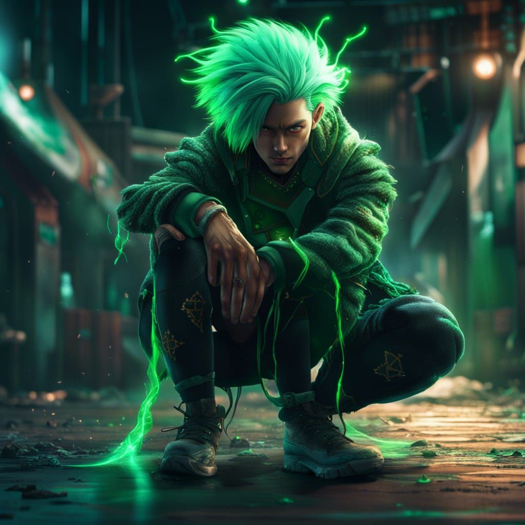 Anime Character with Green Hair and Tusks