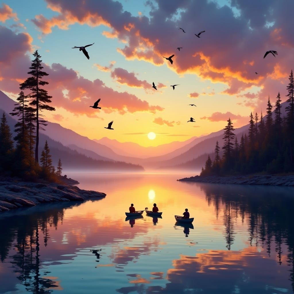 Sunset over the mountain lake