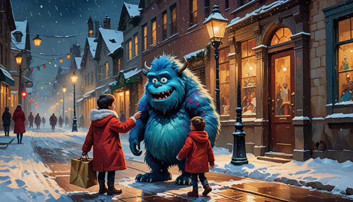 Friendly Blue Monster in Santa Coat on Snowy Street