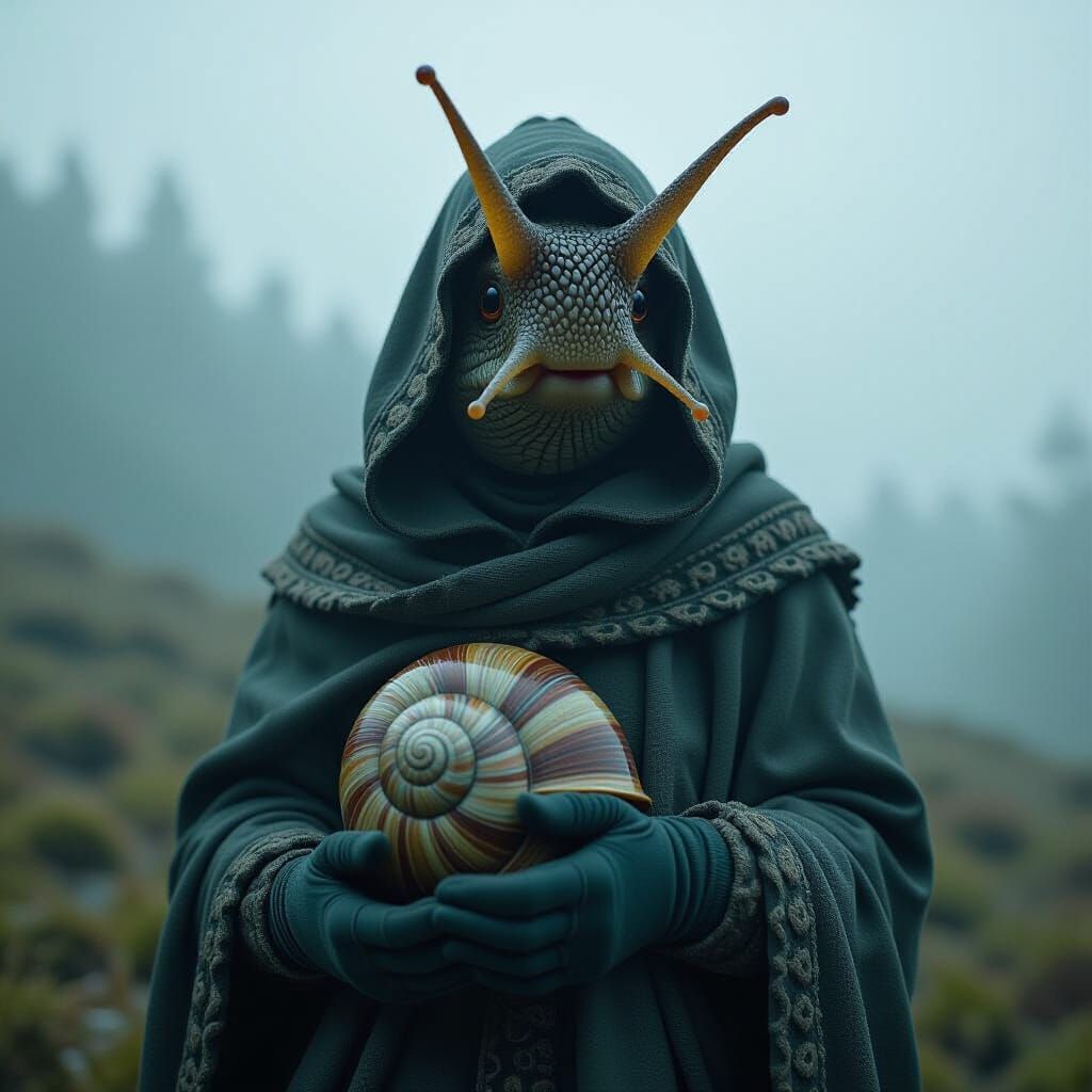 Hyperrealistic Snail-Human Hybrid in Atmospheric Setting