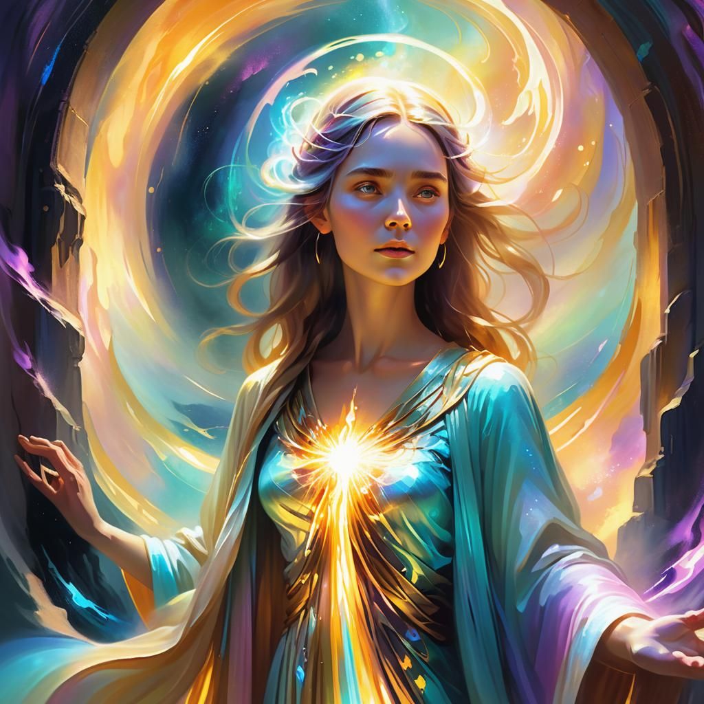 Mystic Woman at Glowing Portal in Ethereal Style