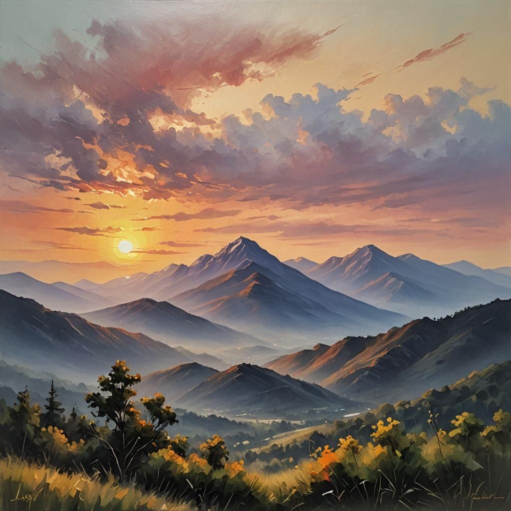 Mountain Sunrise in Oil Painting Style