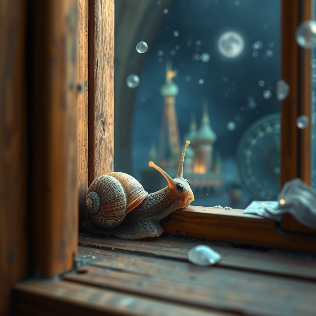 Snail Peering into Magical Window Scene