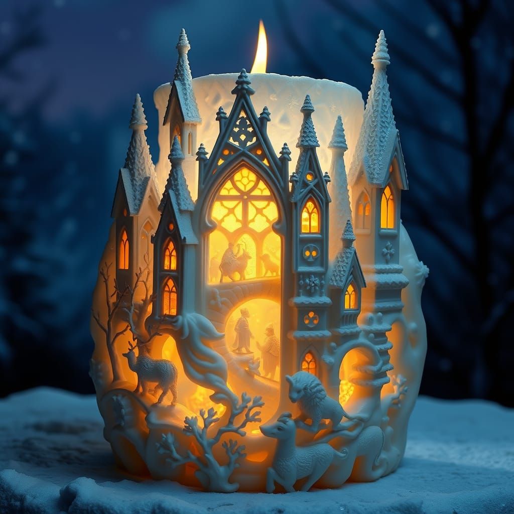 Majestic Winter Kingdom Candle Scene in Golden Light