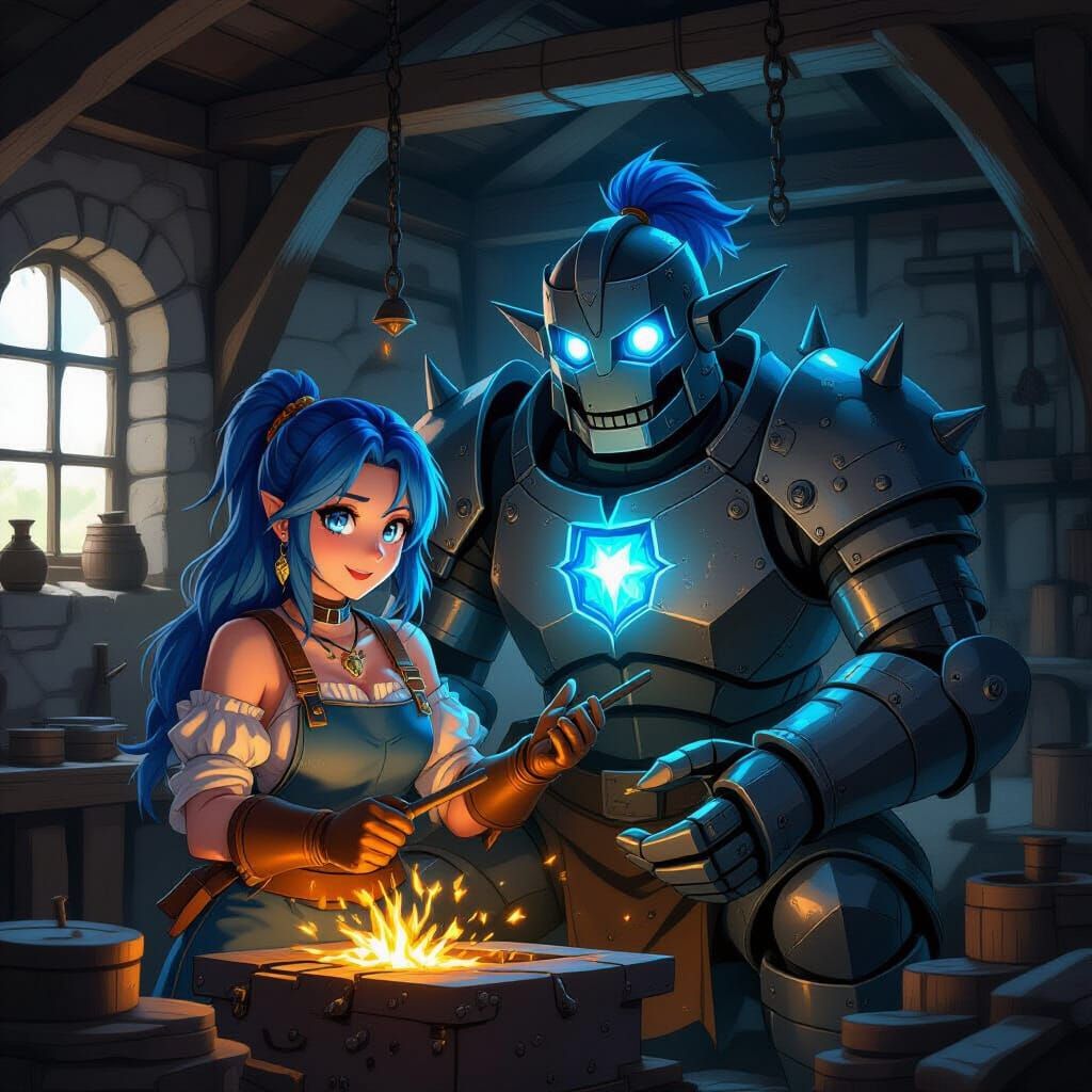 Blacksmith Woman with Golem in Anime Style