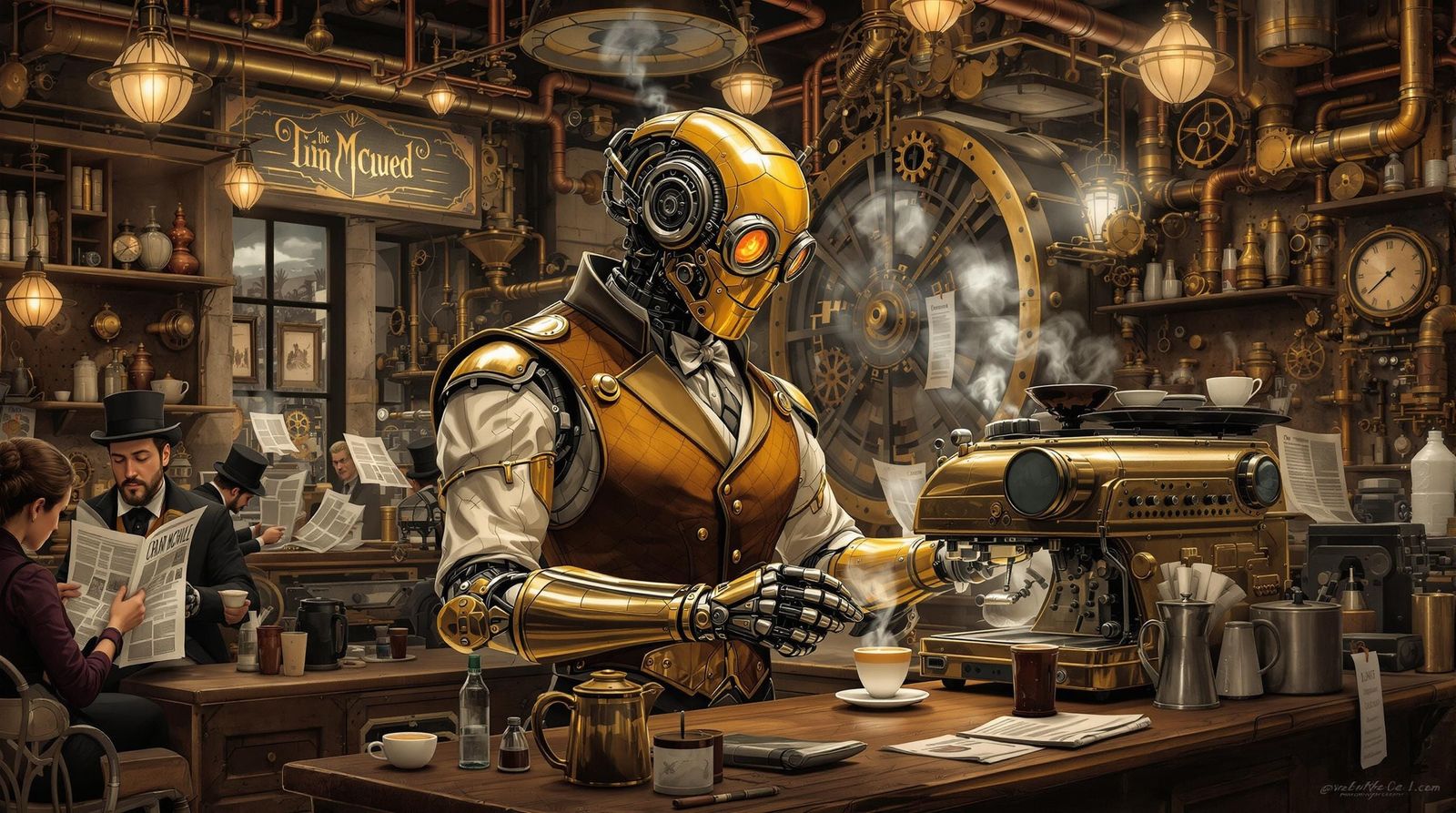Steampunk Robot Barista Crafts Latte in Cozy Gear-Filled Cof...