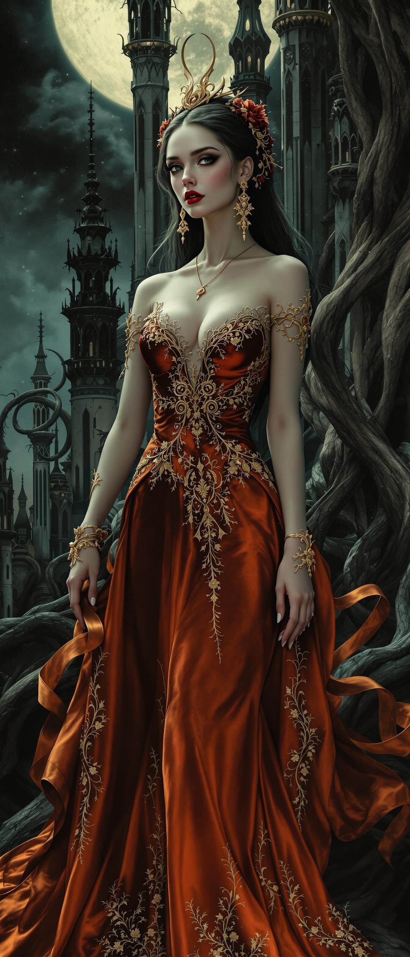 Ethereal Lady in Velvet and Lace Against a Dark, Mystical Ni...