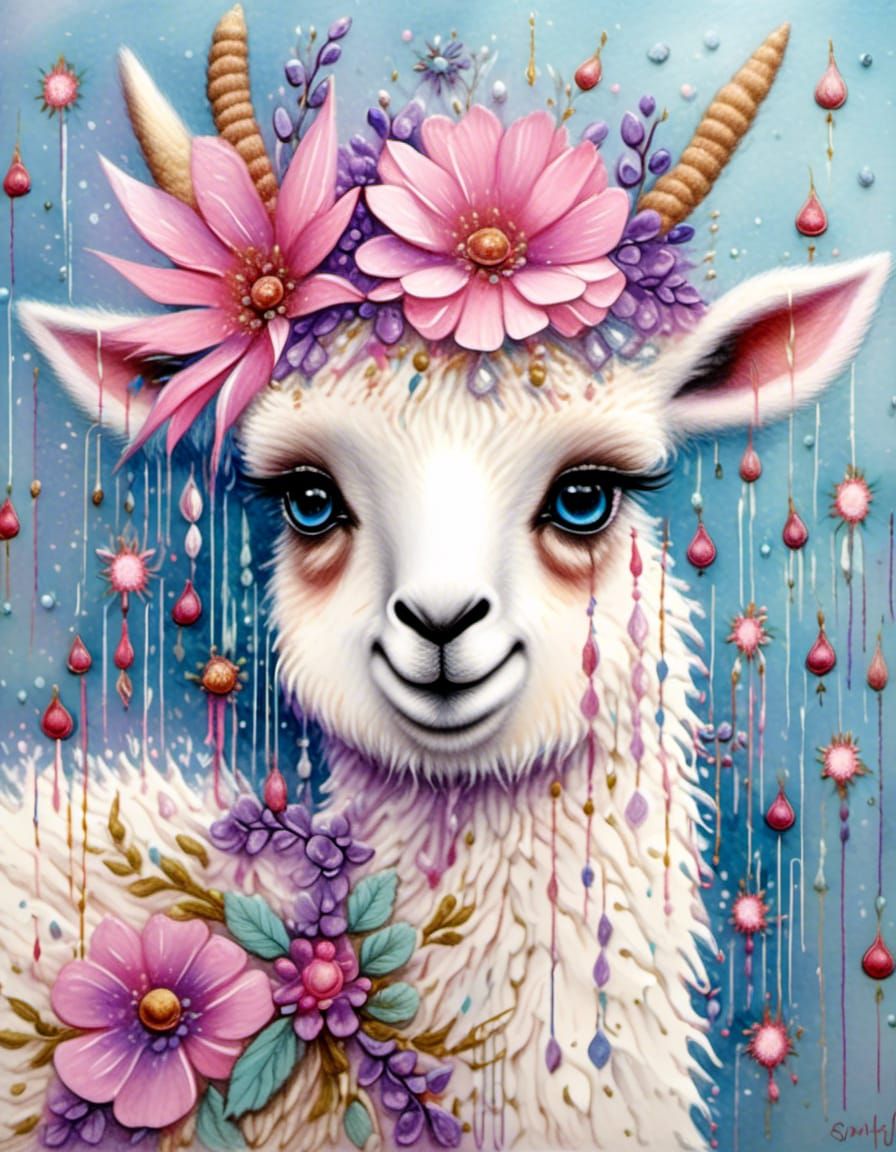 Whimsical cute little smiling baby alpaka