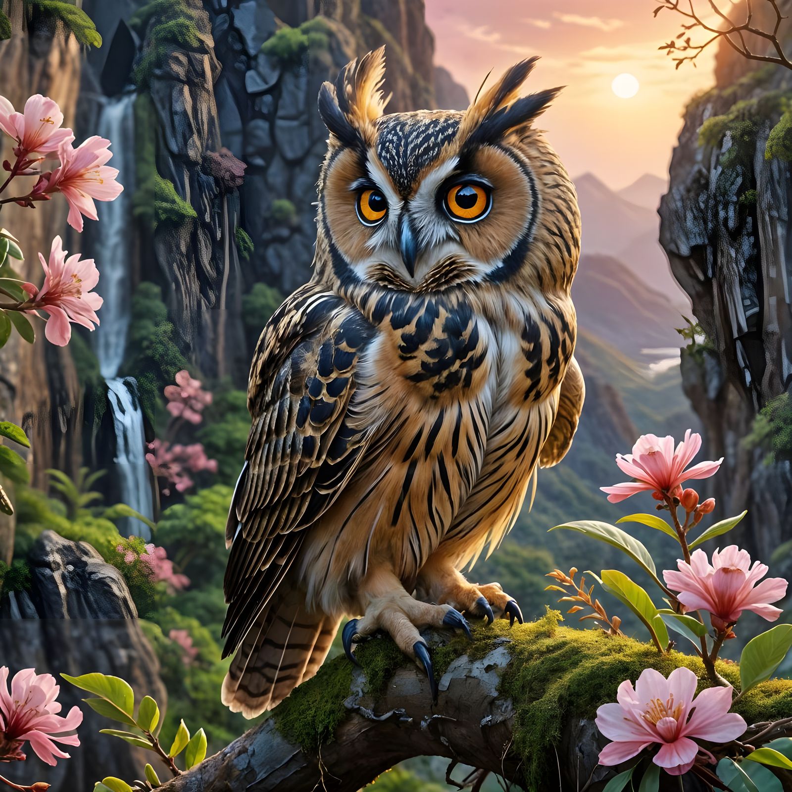Cute Fluffy Owl in Blooming Tree at Sunset