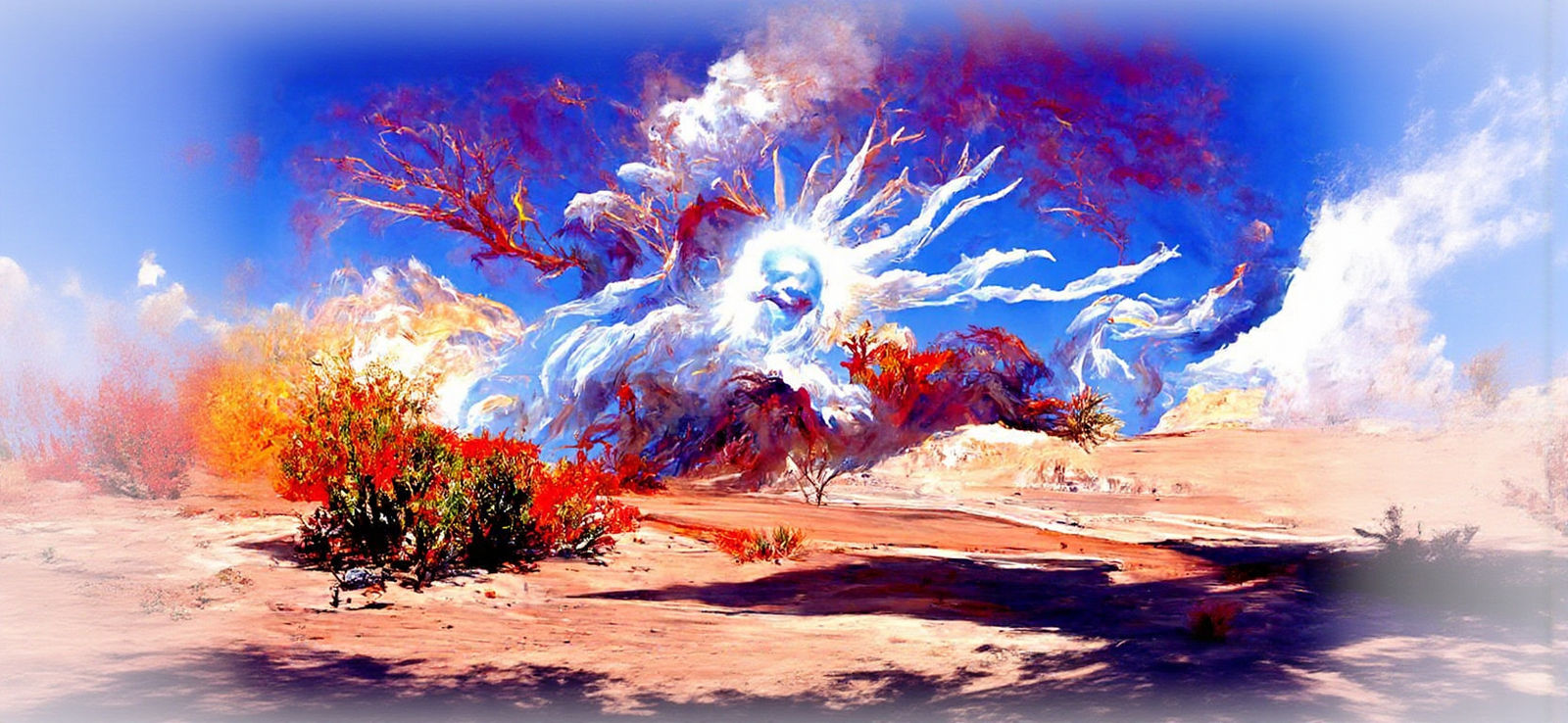 Psychedelic Burning Bush in Desert Oil Painting