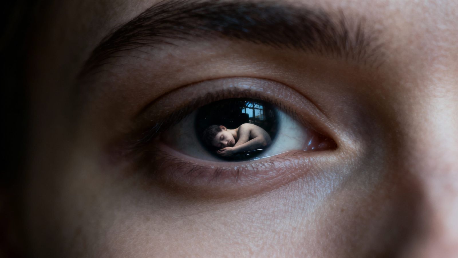 Double Exposure Portrait: Face and Sleeping Figure Within Ey...