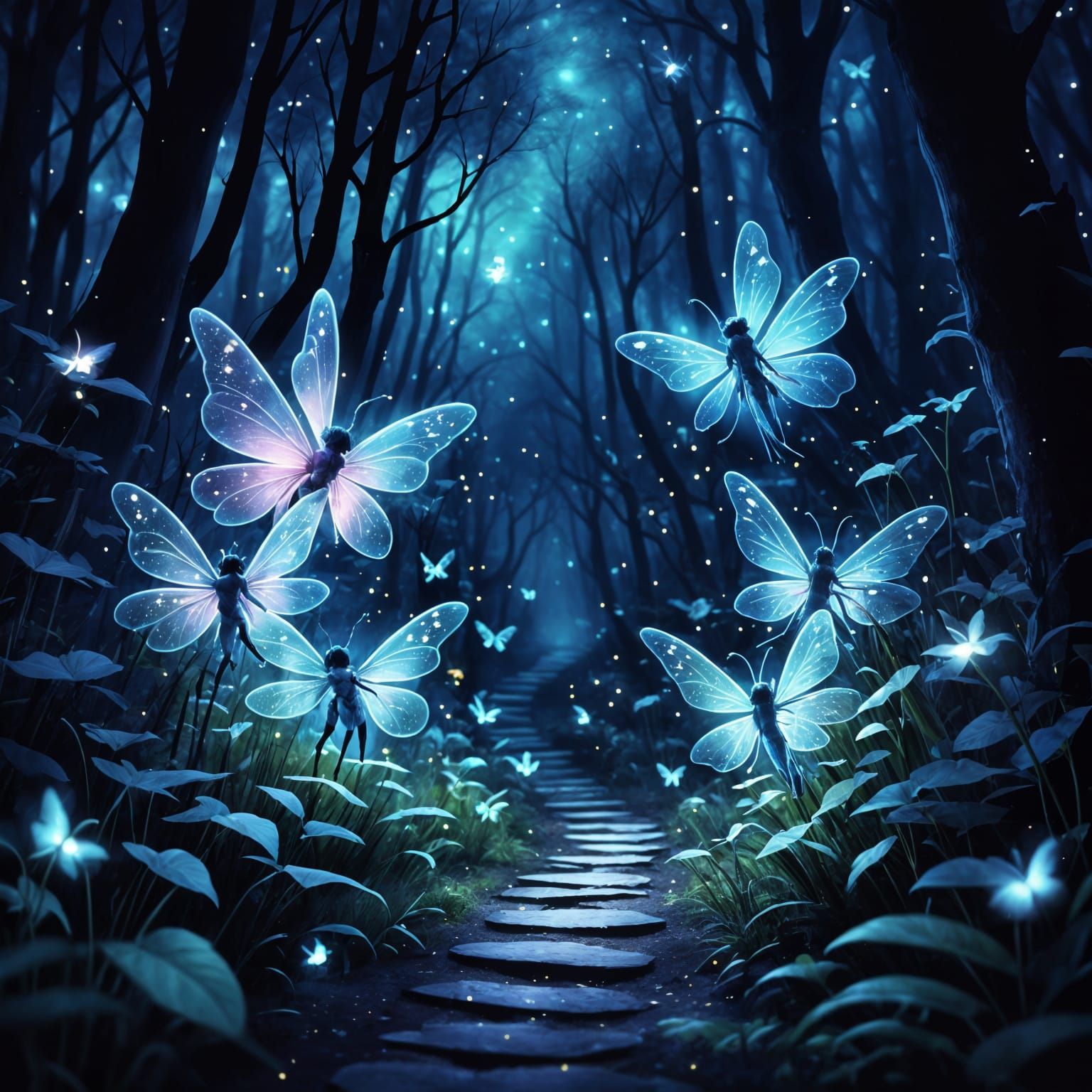 Enchanted Midnight Forest Path with Fairies