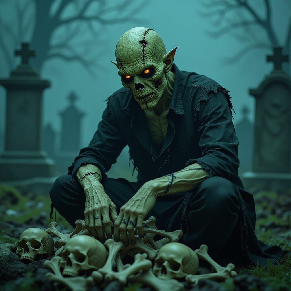 Grotesque Mutated Creature in Graveyard: Cinematic Horror