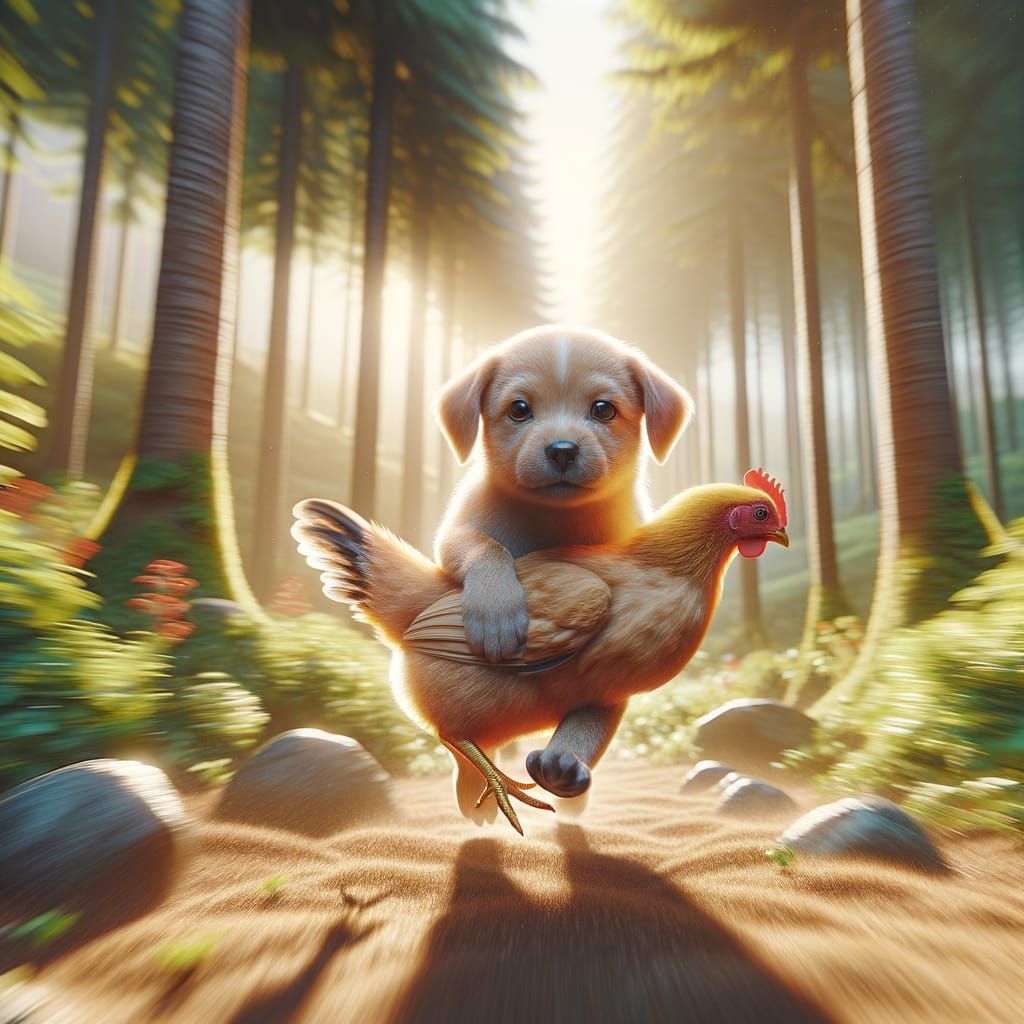 Puppy Carries Chicken Through Trees in Fast 3D Scene