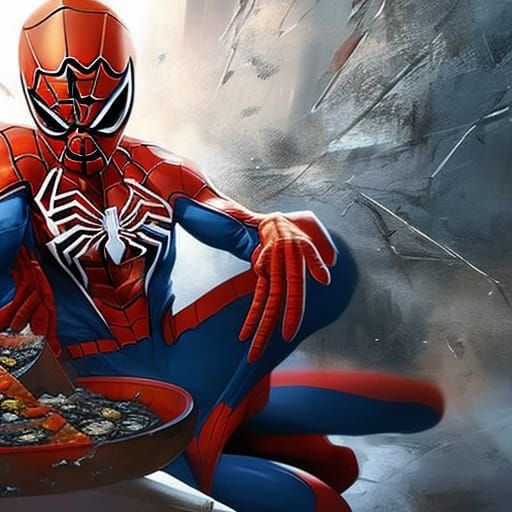 Hyperrealistic Spiderman Enjoys Pizza in Splash Art Style