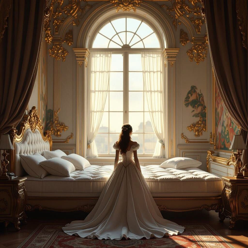 Princess Exhausted in Opulent Palace Chamber
