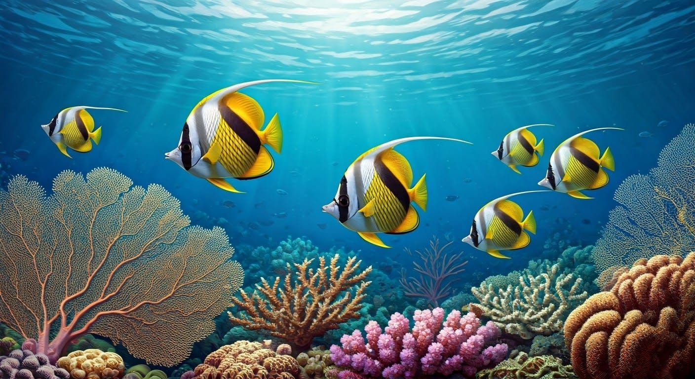 Realistic Coral Reef Scene with Schooling Bannerfish in Irid...