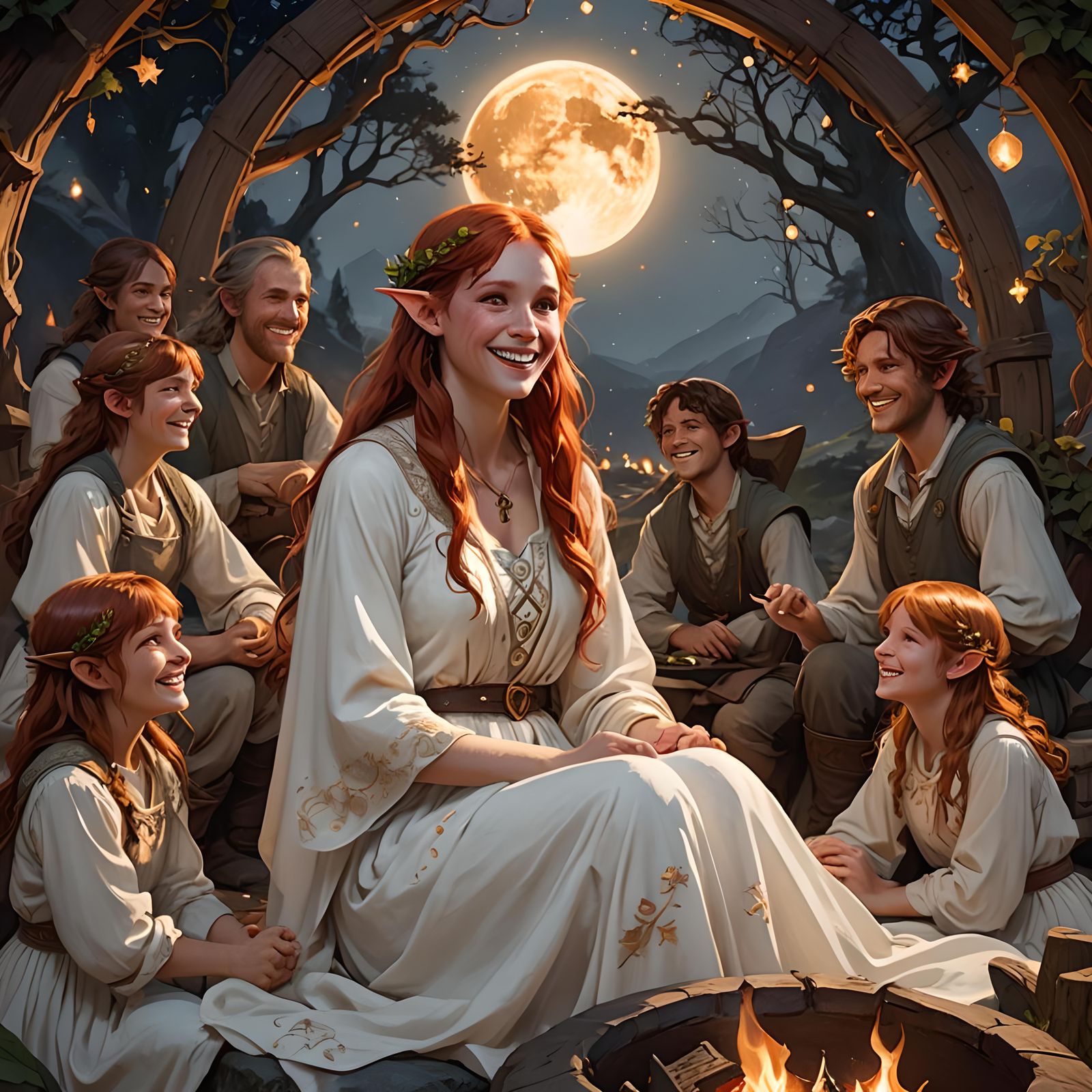 Redhead Elf and Hobbit Family by Campfire, Fantasy Art