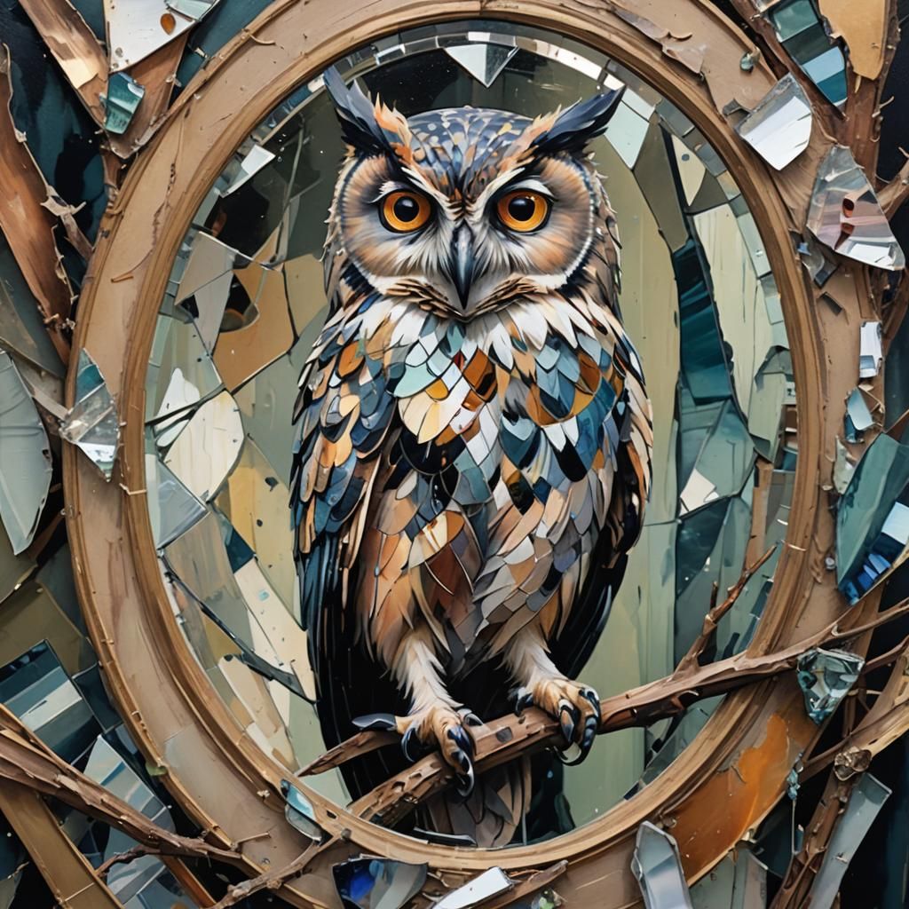 Owl and Broken Mirror: Maximalist Gouache Painting