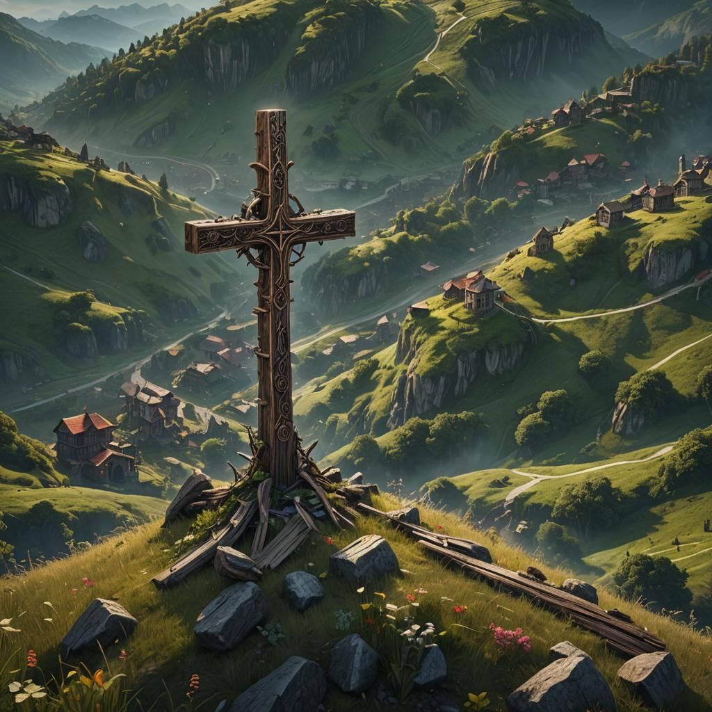 Hillside Cross: Detailed Matte Painting in Deep Color