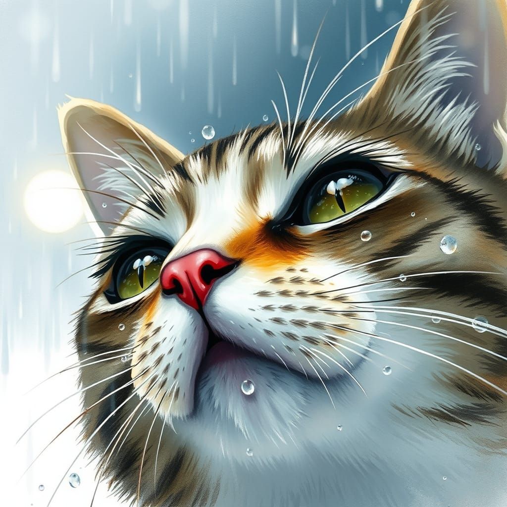 Wistful Feline Face in Rainy Watercolor