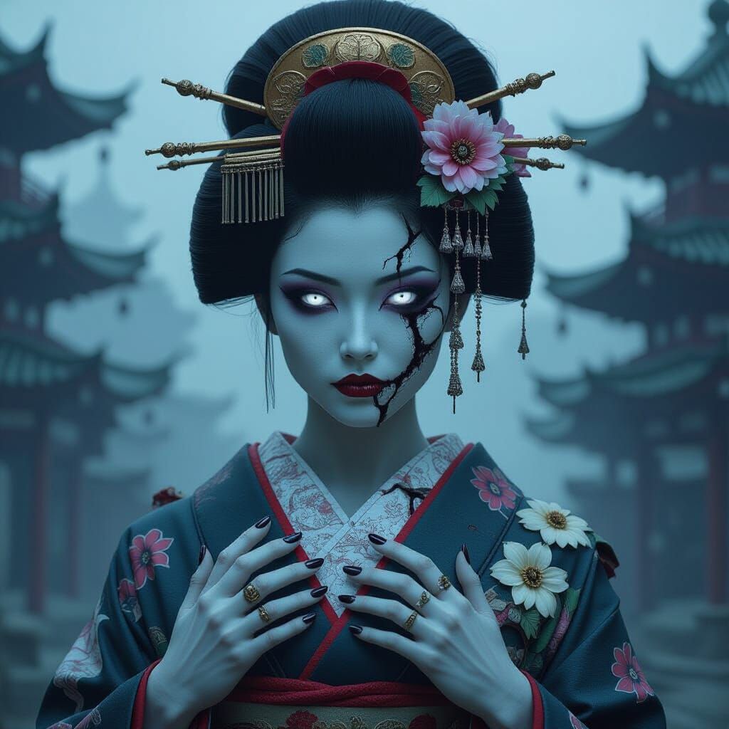 Grotesque Spectral Geisha Portrait in Hyperrealism