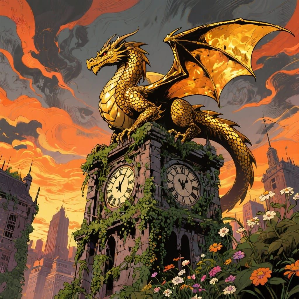 Majestic Gold Dragon Overgrown City