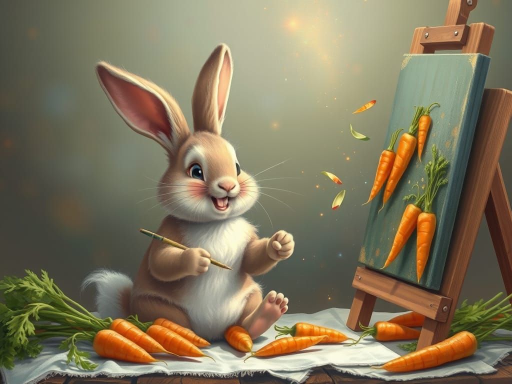 Happy Rabbit Painter Creates Falling Carrots in Magical Art