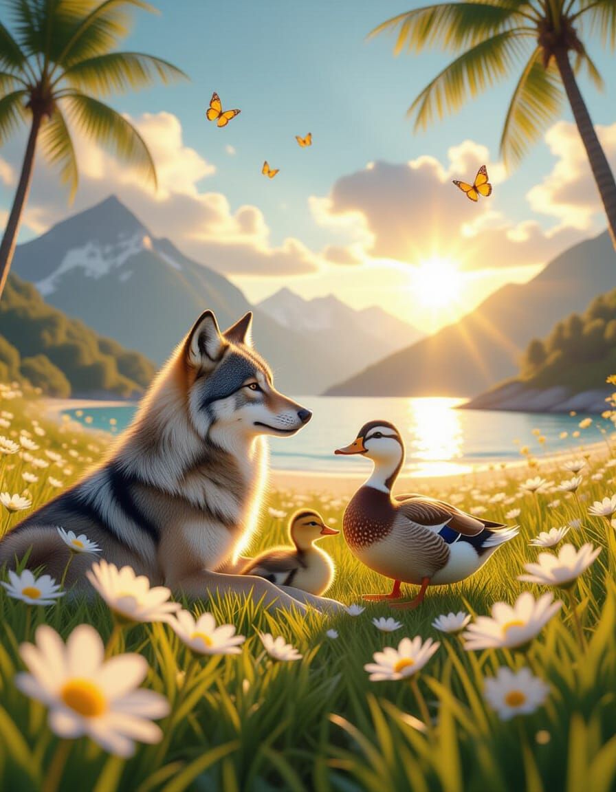 Wolf Family and Duck in Magical Spring Meadow