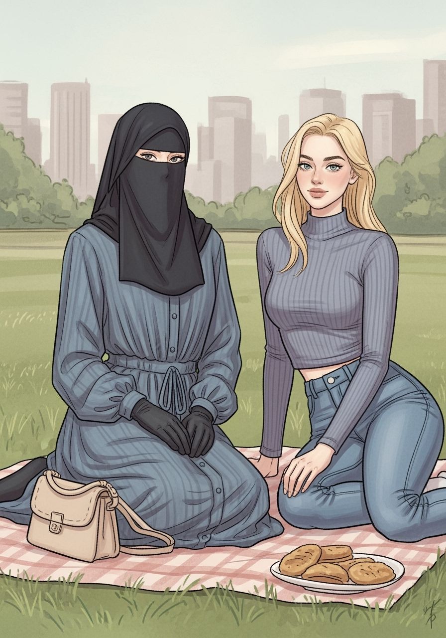 German Woman in Niqab Picnicking in Botanic Garden