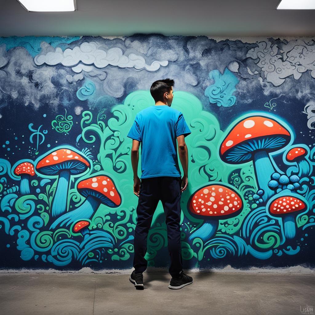 Man in Graffiti Art with Bioluminescent Mushroom