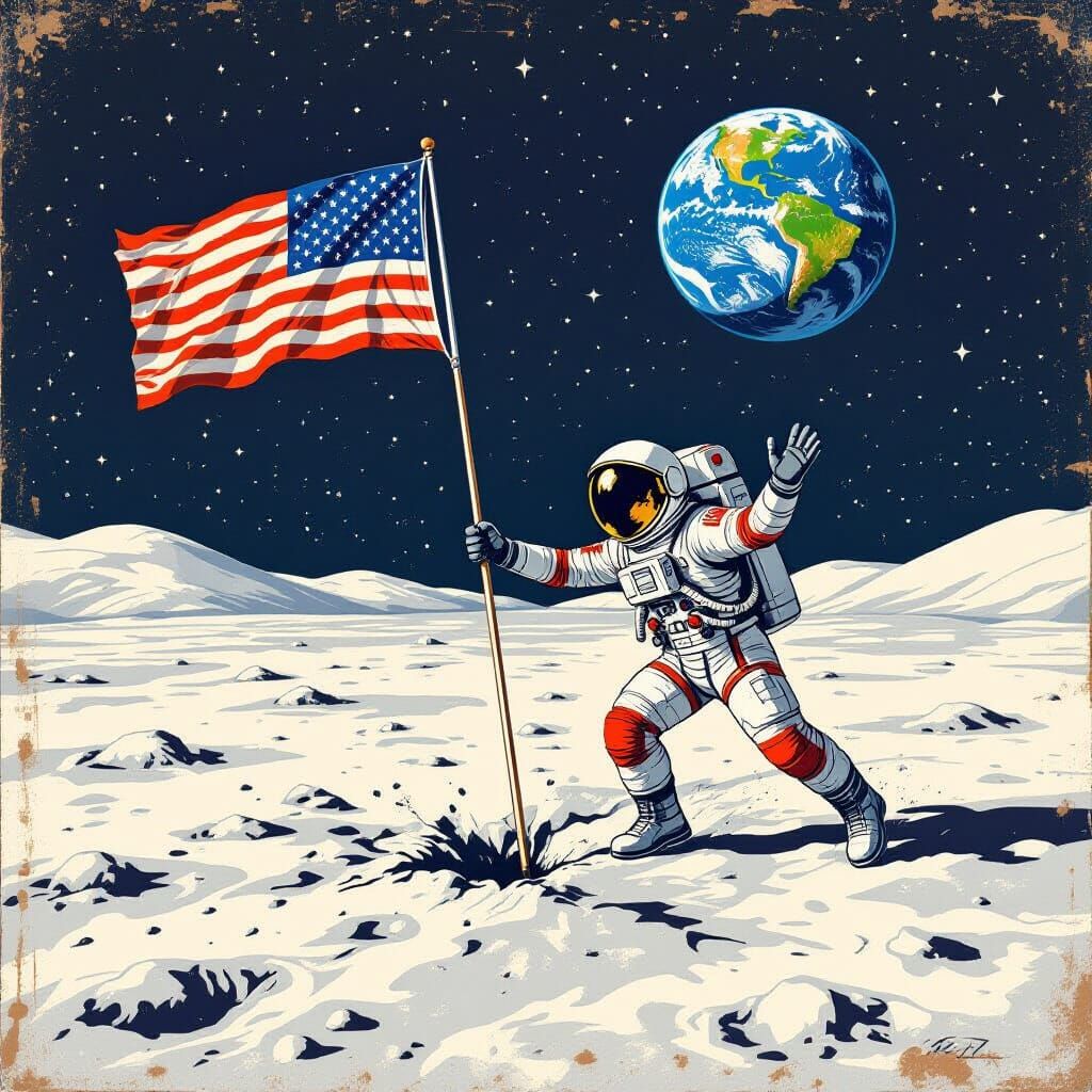 Astronaut's Comical Lunar Mishap in Retro Sci-Fi Style