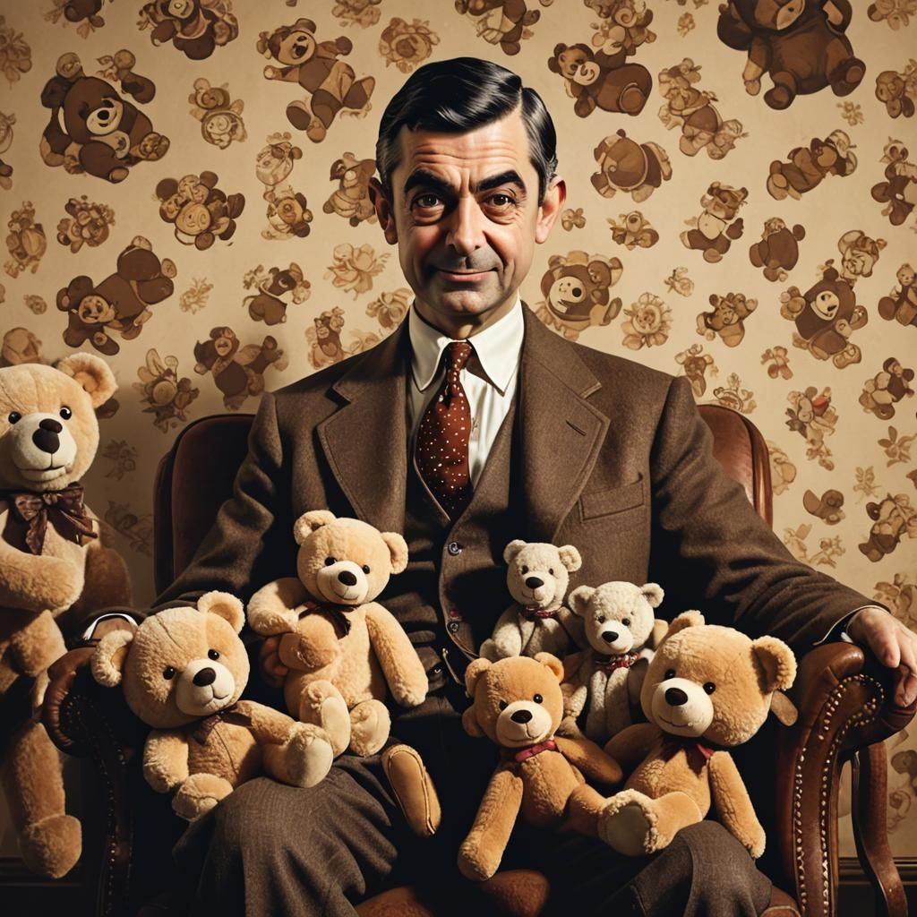 Mr. Bean with Teddy Bears in Retro Photo